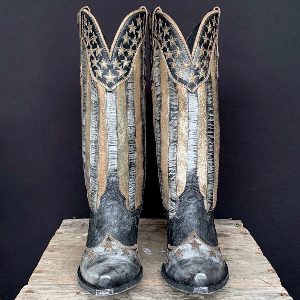 SOLD OLD GRINGO Bloom American Flag Black Knee High Cowgirl Cowboy Western Boots - Picture 4 of 9